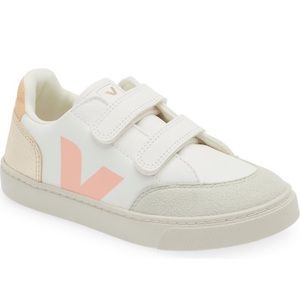 Veja Kids Sneakers in White with Pale Pink and Beige Accents